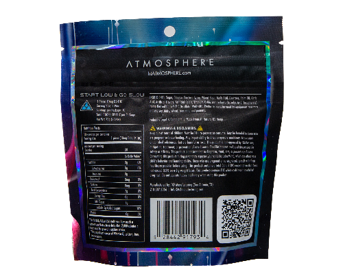 Back of Blueberry Burst Orion THC belts by ATMOSPHERE showing product label, nutrition facts, and dosage information for blueberry THC gummies.