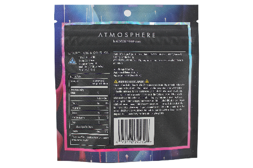 Back of Gravity Gummies Strawberry Fields THC gummies by ATMOSPHERE showing nutrition label, dosage guide, and Delta 9 gummy product information.