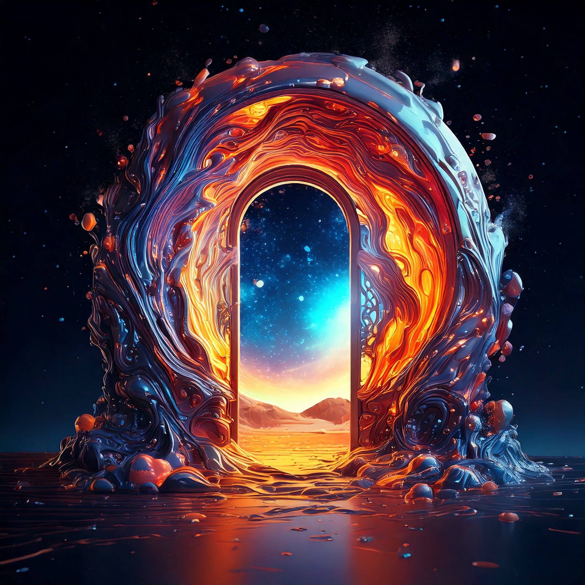 An image of a door-shaped portal, surrounded by psychedelic swirling colors, that leads to an alien dreamscape. The portal welcomes you to ATMOSPHERE, the most exciting speakeasy in Chattanooga, TN.