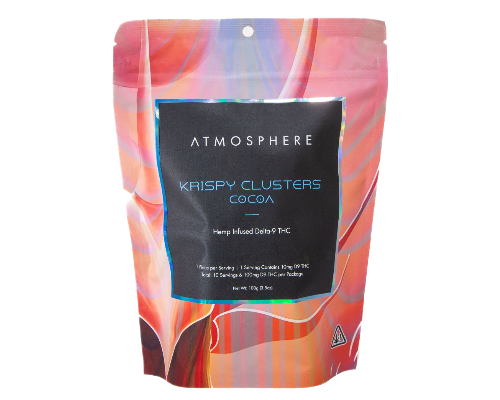 Cocoa Krispy Klusters THC rice crispy treats packaging front view by ATMOSPHERE, hemp-derived cocoa edibles available at your local Chattanooga coffee shop.