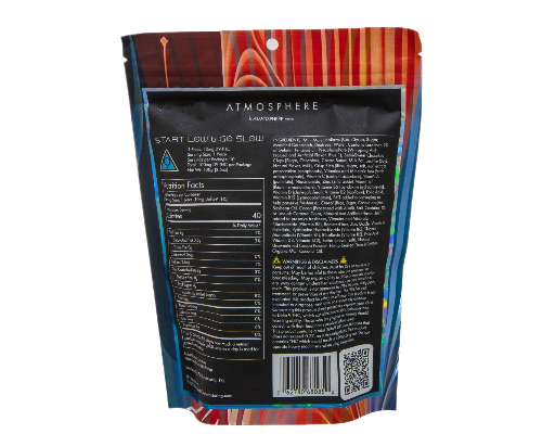 Back of Cocoa Krispy Klusters THC rice crispy treats by ATMOSPHERE showing nutrition facts, ingredients, and product label for THC rice crispy treats near me.