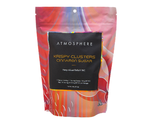 Cinnamon Krispy Clusters THC rice crispy treats packaging front view by ATMOSPHERE, hemp-derived Delta 9 cinnamon edibles available at your local Chattanooga dispensary.