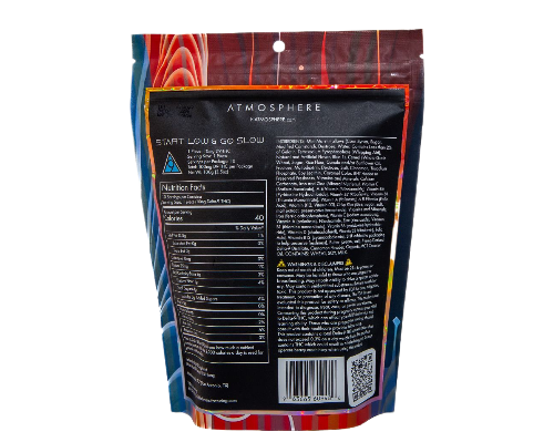 Back of Cinnamon Krispy Clusters THC rice crispy treats by ATMOSPHERE showing nutrition label, ingredients, and Tennessee edibles product details.