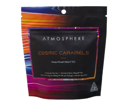 Cosmic Caramels THC caramels packaging front view by ATMOSPHERE, hemp-derived Delta 9 caramels.