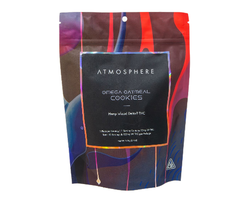 Front of Omega Oatmeal THC cookies packaging for hemp-derived Delta 9 oatmeal cookies.