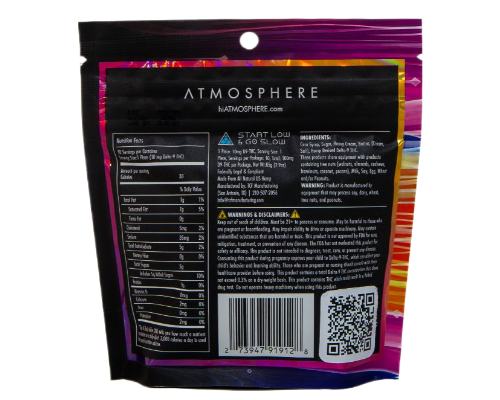 Back of Cosmic Caramels THC caramels by ATMOSPHERE showing ingredients, nutrition label, and Delta 9 caramel details.