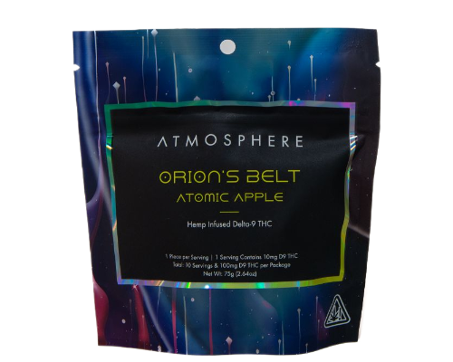 Atomic Apple Orion Belts THC gummies by ATMOSPHERE, hemp-derived delta 9 gummies with apple flavor packaging front view.
