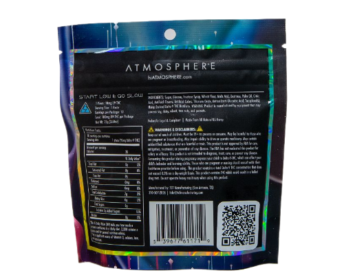 Back of Atomic Apple Orion THC belts by ATMOSPHERE showing nutrition label, dosage guide, and product details.