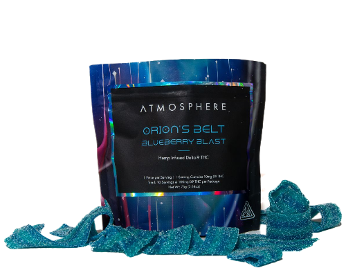 Blueberry Burst Orion THC belts by ATMOSPHERE, hemp-derived Delta 9 gummies with blueberry flavor displayed in front of the packaging.