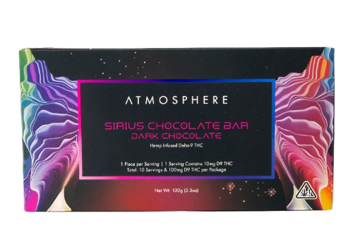Front of Sirius Dark THC chocolate bar by ATMOSPHERE, hemp-derived Delta 9 dark chocolate bar in colorful packaging with a cosmic design.