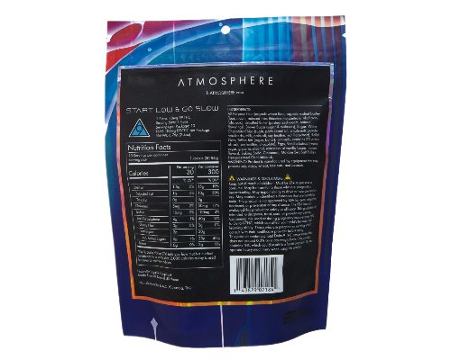 Back of Omega Oatmeal THC cookies by ATMOSPHERE showing nutrition facts, dosage guide, and ingredient list for Delta 9 cookies.