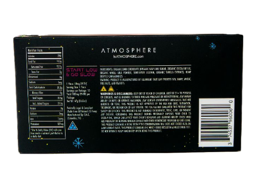 Back of Sirius Dark THC chocolate bar by ATMOSPHERE showing nutrition facts, dosage guide, and ingredient list for Delta 9 chocolate bar.
