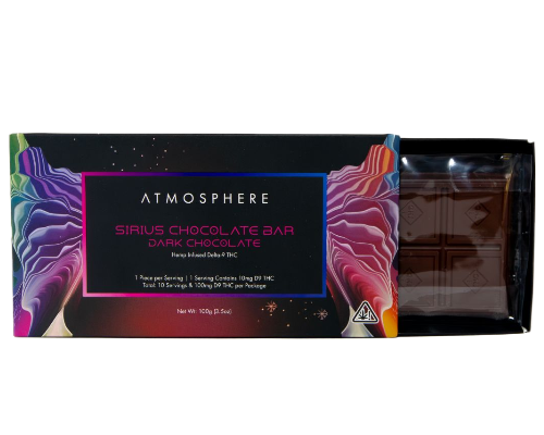 Sirius Dark THC chocolate bar by ATMOSPHERE, hemp-derived Delta 9 dark chocolate bar displayed partially unwrapped to show texture.