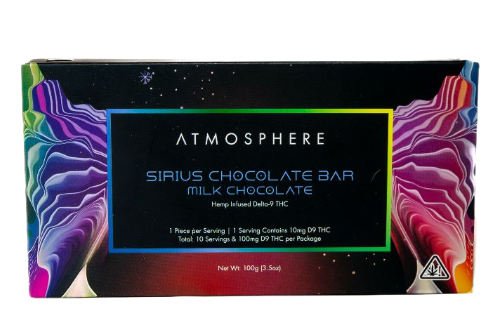 Front of Sirius Milk THC chocolate bar by ATMOSPHERE, hemp-derived Delta 9 milk chocolate bar in colorful cosmic packaging.