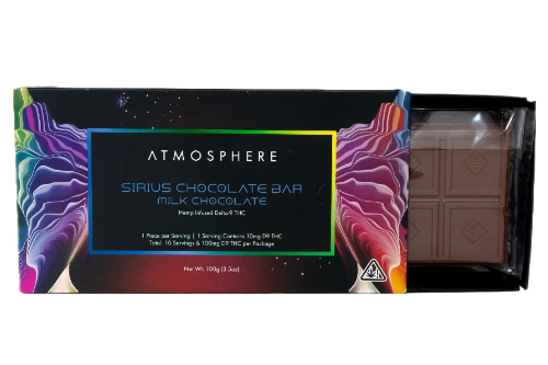 Sirius Milk THC chocolate bar by ATMOSPHERE, hemp-derived Delta 9 milk chocolate bar displayed partially unwrapped to show texture.