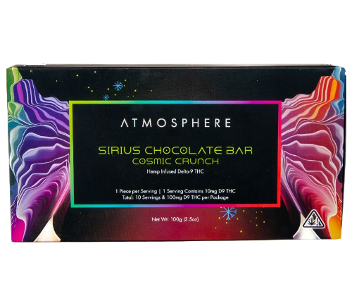 Front of Cosmic Crunch THC chocolate bar by ATMOSPHERE showing packaging design for a Delta 9 chocolate bar.