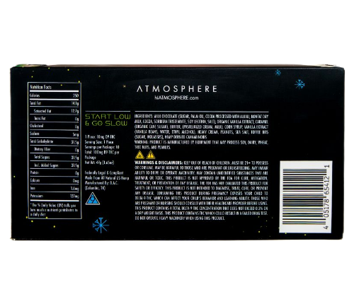 Back of Cosmic Crunch THC chocolate bar by ATMOSPHERE showing nutrition facts, dosage recommendations, and ingredient list for a Delta 9 chocolate bar.