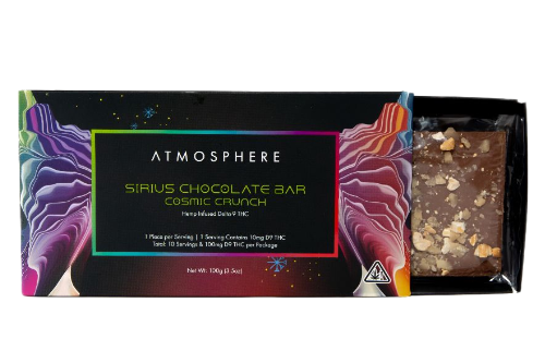 Cosmic Crunch THC chocolate bar by ATMOSPHERE, hemp-derived Delta 9 chocolate bar with crunchy texture displayed partially unwrapped.