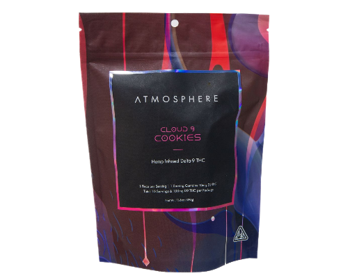 Cloud 9 Cookies THC cookies packaging front view by ATMOSPHERE, hemp-derived Delta 9 cookies available at your local Chattanooga speakeasy.