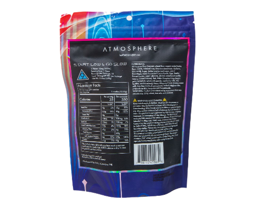 Back of Cloud 9 Cookies THC cookies by ATMOSPHERE showing nutrition facts, dosage guide, and Delta 9 cookie product information.