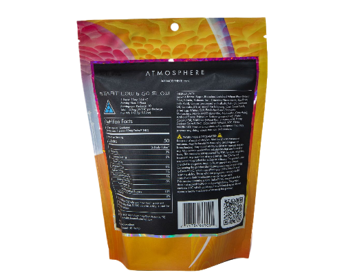 Back of Big Bang Brownie Bites THC brownies by ATMOSPHERE showing ingredients, nutrition facts, and Delta 9 brownie details.